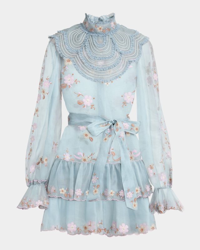Embroidered Bib Long-Sleeve Ruffle Mini Dress